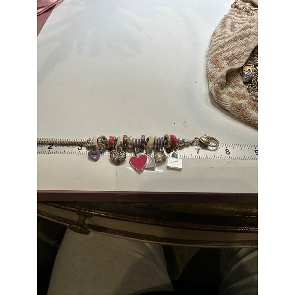 Silver Charm Bracelet Pink Purple Accents Heart Bag Pendants Design Womens - Picture 14 of 14